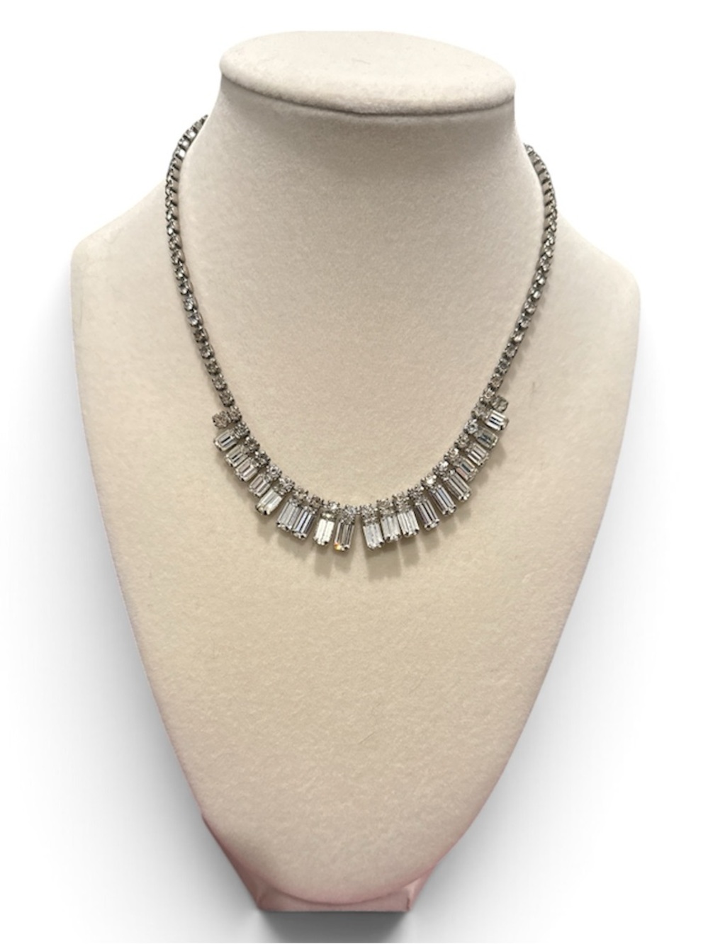 Vintage WEISS Necklace Clear Rhinestone Baguette Fringe – Signed – Circa 1950s
